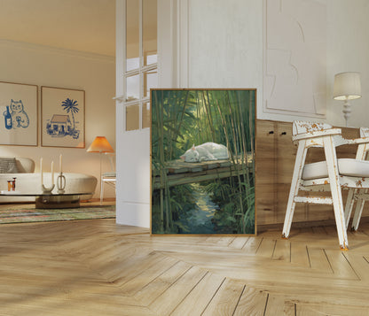 White Cat Resting by Stream Poster
