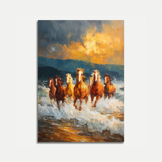 Poster di Cavalli che Corrono Attraverso le Onde