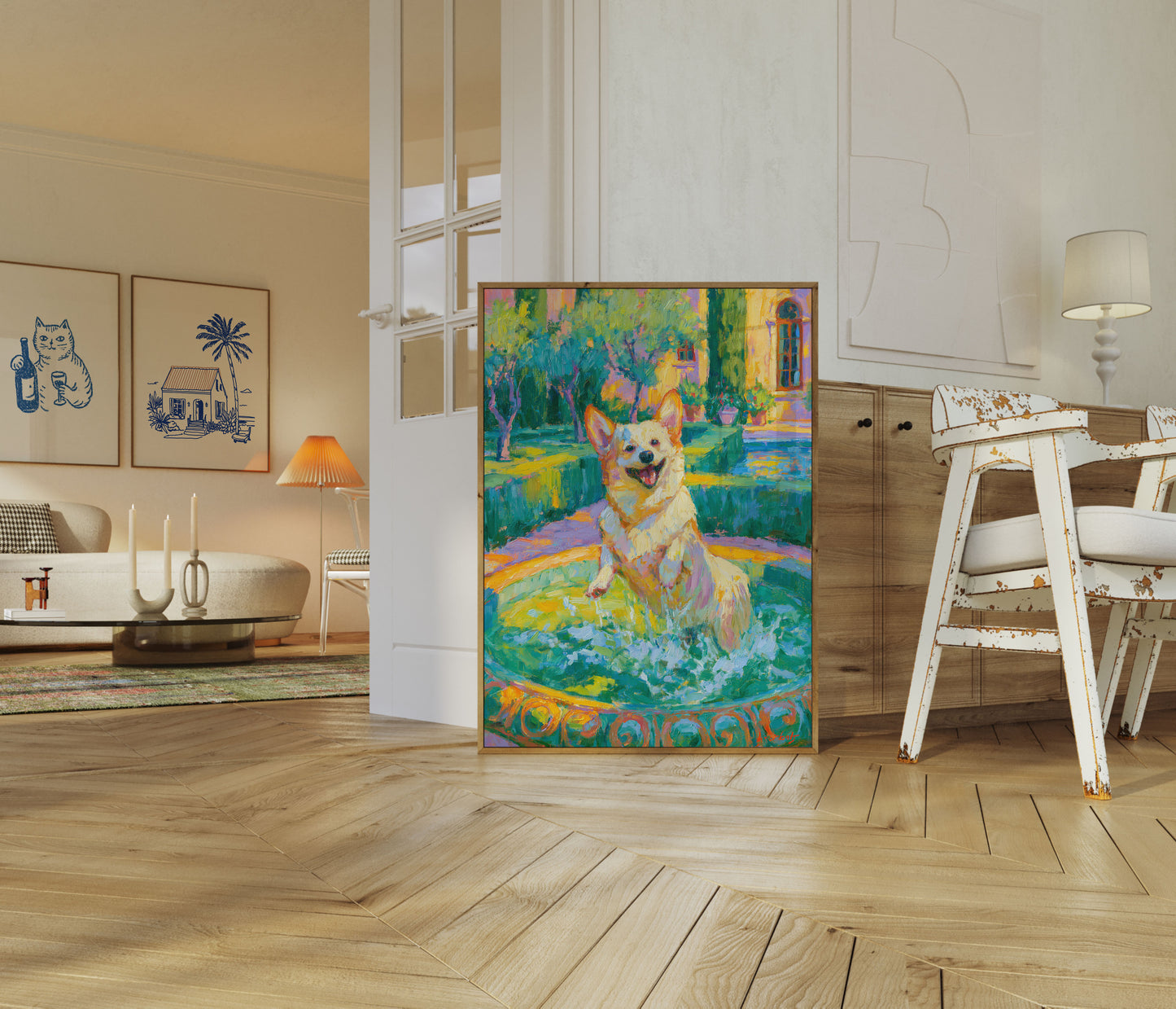 Happy Corgi in Vibrant Garden Poster