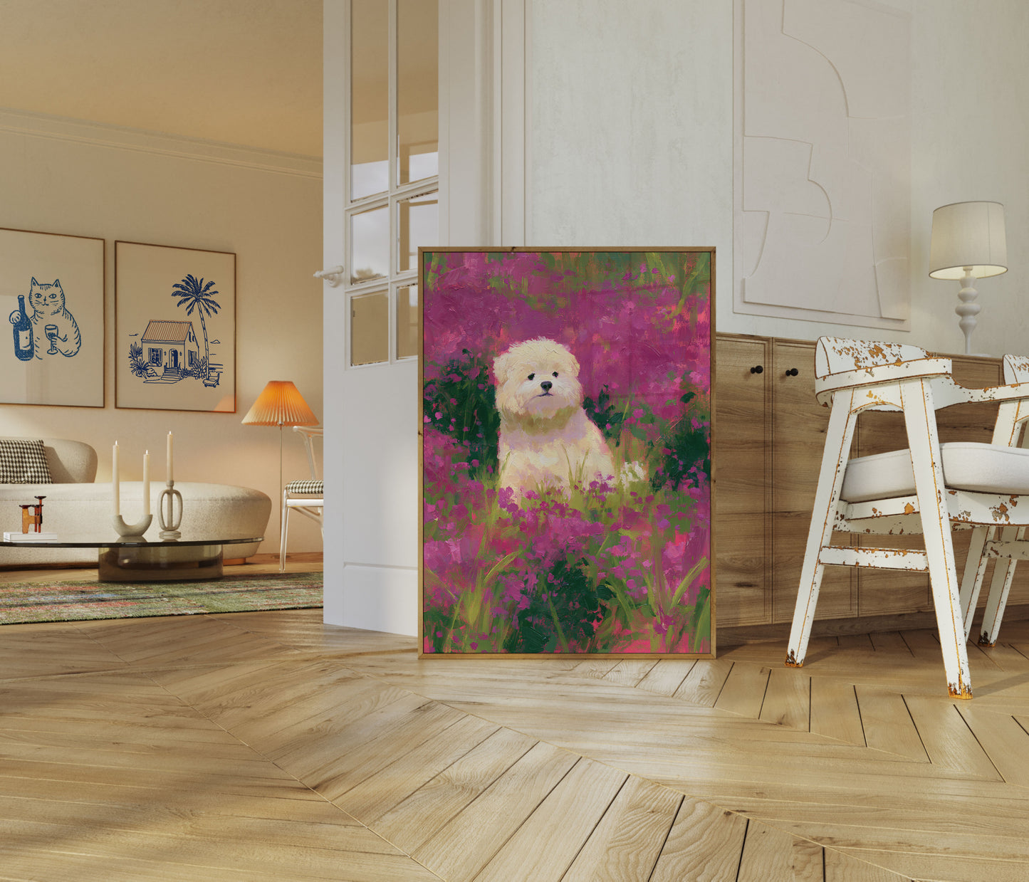 Hvit hund i blomsterhage-plakat