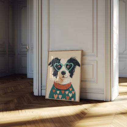Póster de perro adorable con gafas y corazón