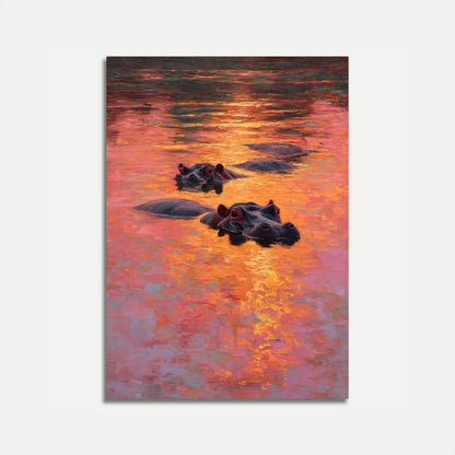 Hippos at Golden Sunset Poster