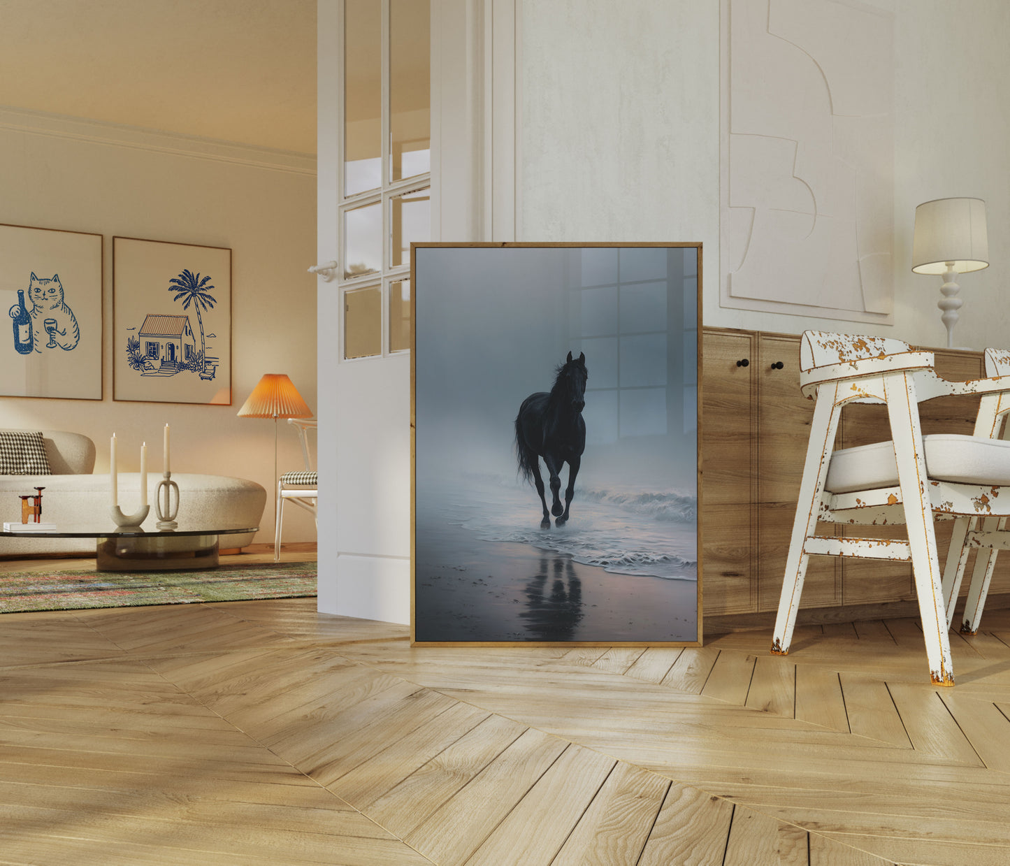 Schwarzes Pferd läuft am Strand Poster