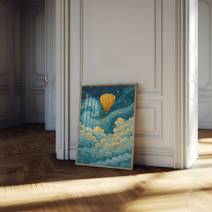 Hot Air Balloon Starry Night Poster