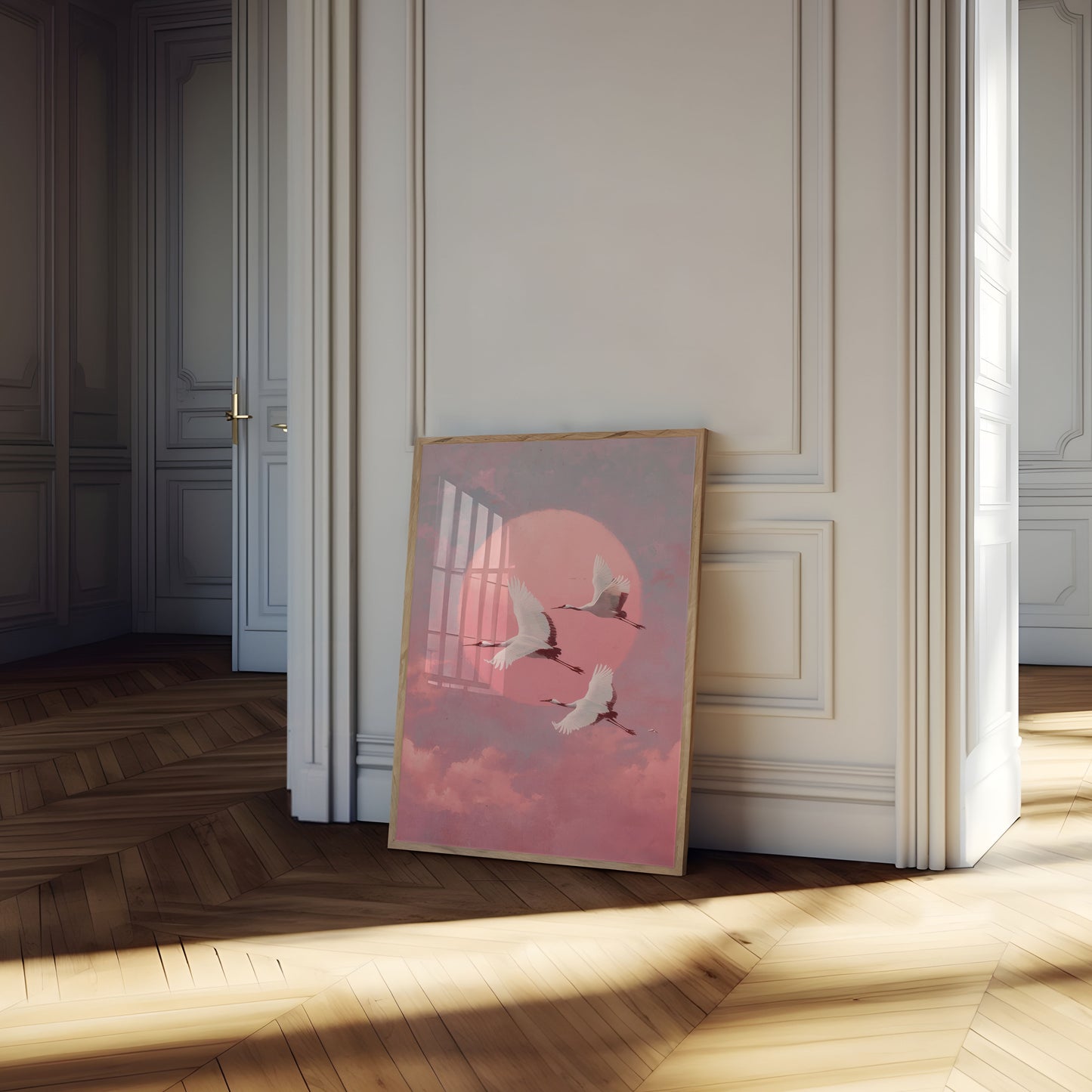 Pink Sunset Crane Flight Poster