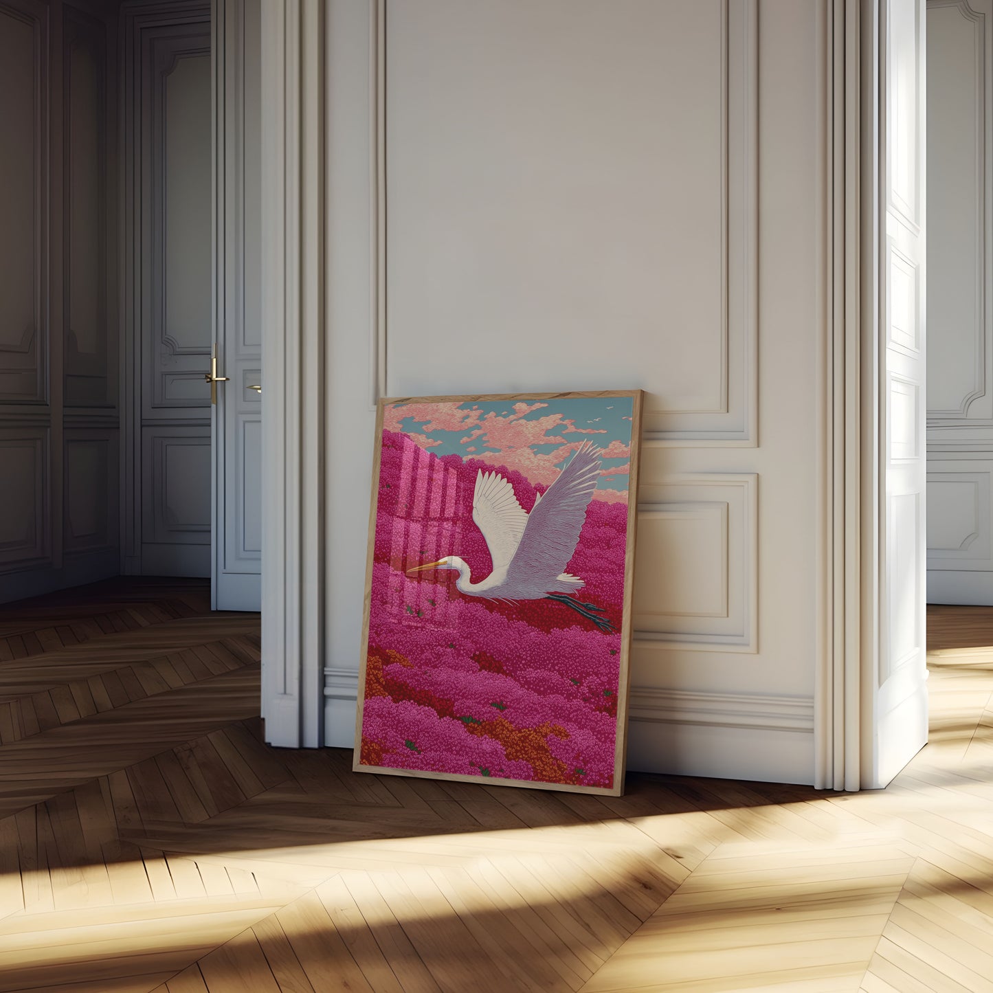 White Heron in Flower Field Poster