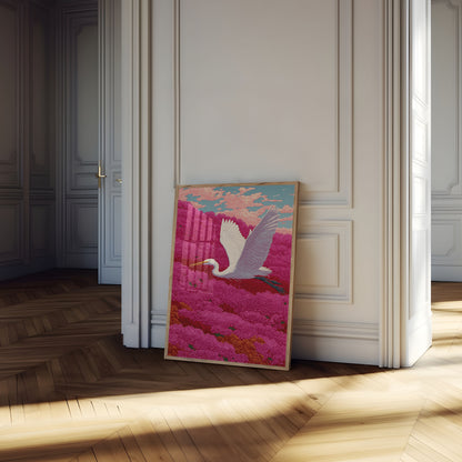 White Heron in Flower Field Poster