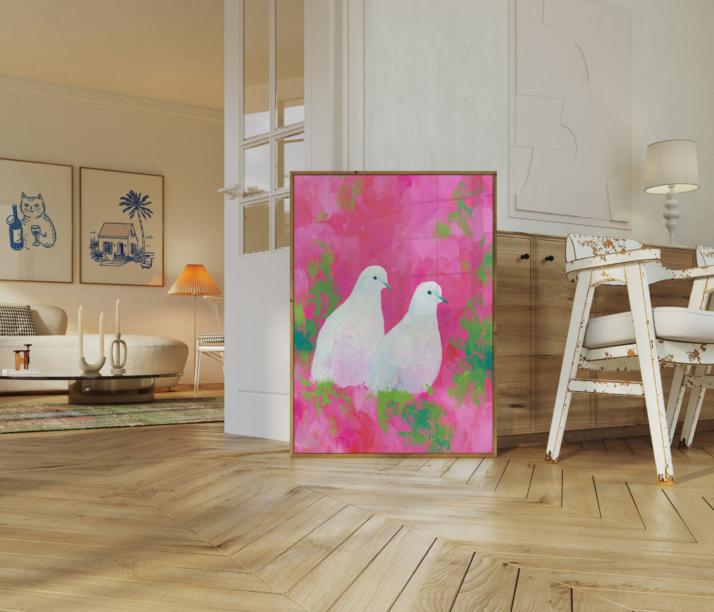 White Doves in Pink Garden Poster