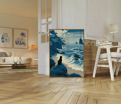 Póster Black Cat Coastal Serenity
