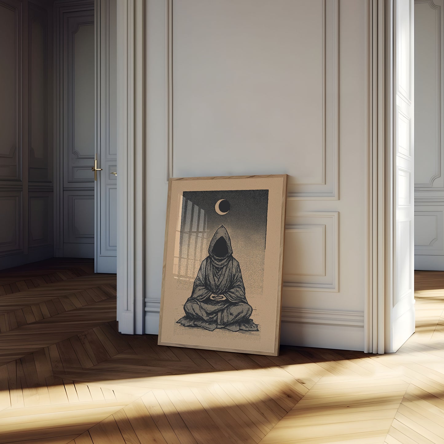 Hooded Monk Meditating Under Moon Poster
