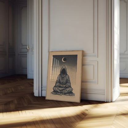 Hooded Monk Meditating Under Moon Poster