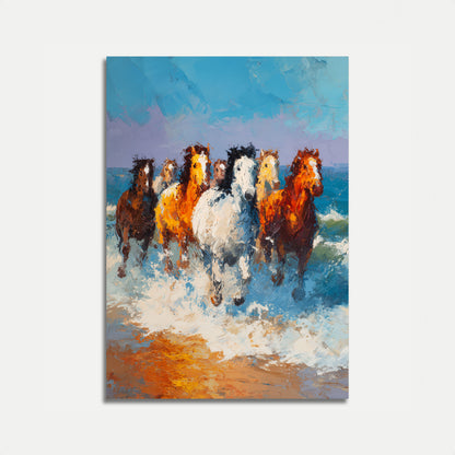Hästar som springer genom oceanvågor affisch