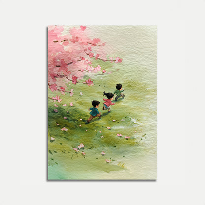 Kinderen spelen onder kersenbloesems poster