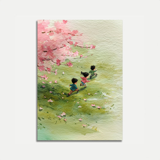 Kinder spielen unter Kirschblüten Poster