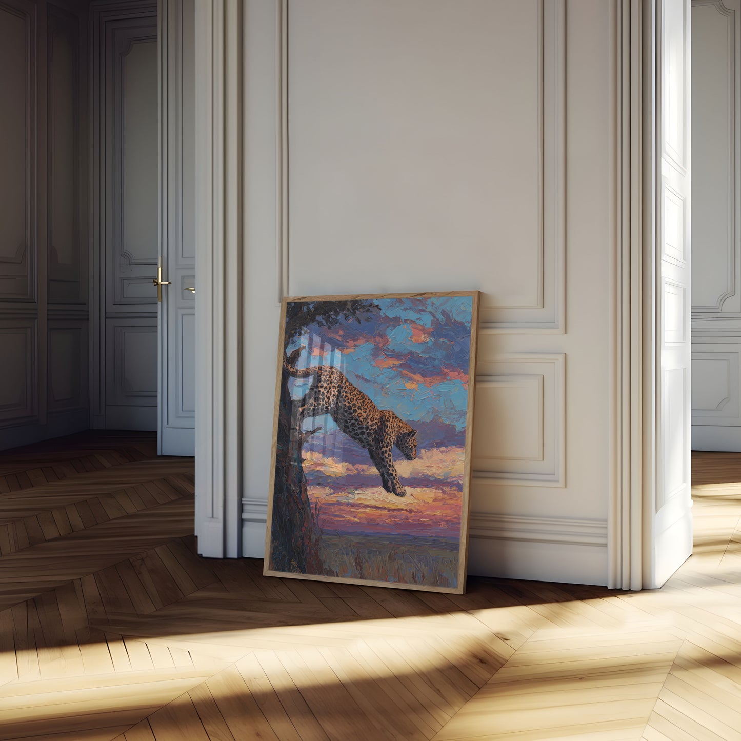 Luipaard klimt boom bij zonsondergang poster