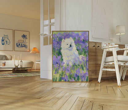 Plakat: Hvit Hund i Lavendelfelt
