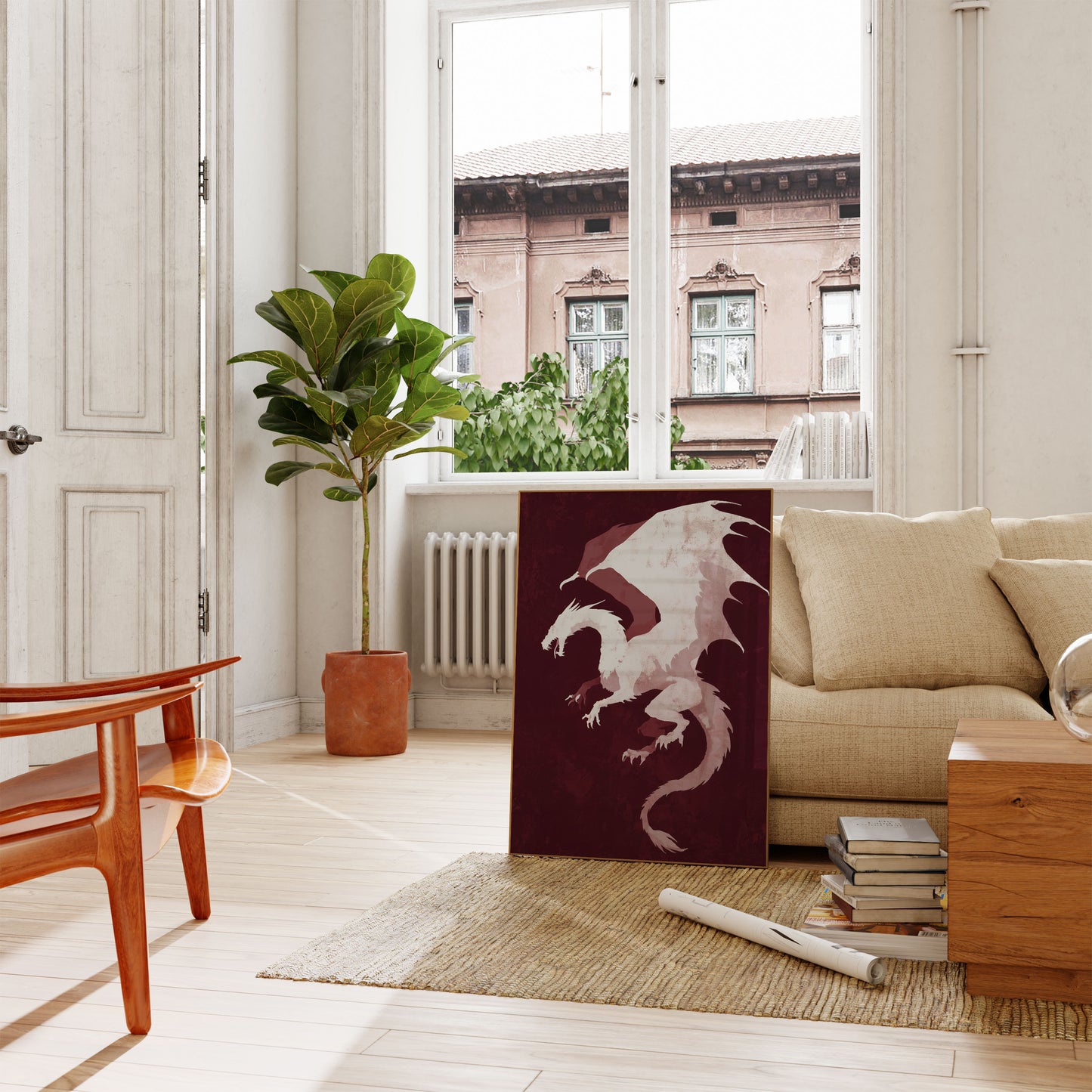 Póster de silueta de dragón carmesí