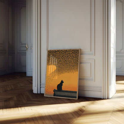 Kat der ser fugle ved solnedgang plakat