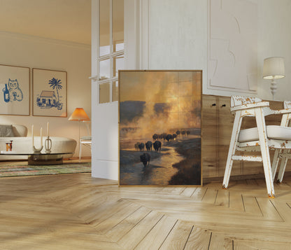 Bison Herd in Golden Mist Poster