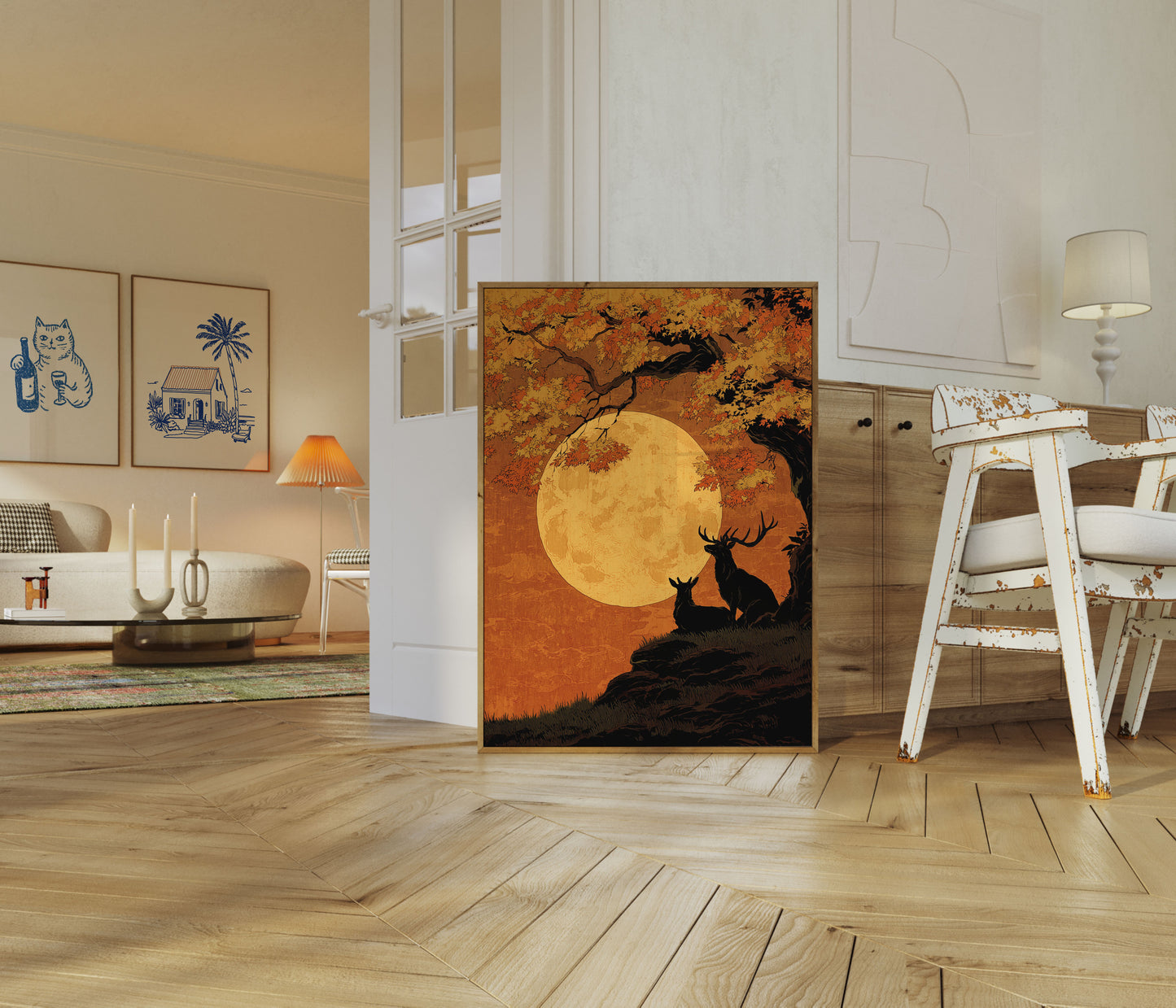 Deer Under Harvest Moon Poster