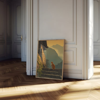 Orange Cat Mountain Contemplation Poster