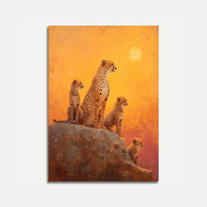 Cheetah Familie Savanne Zonsondergang Poster