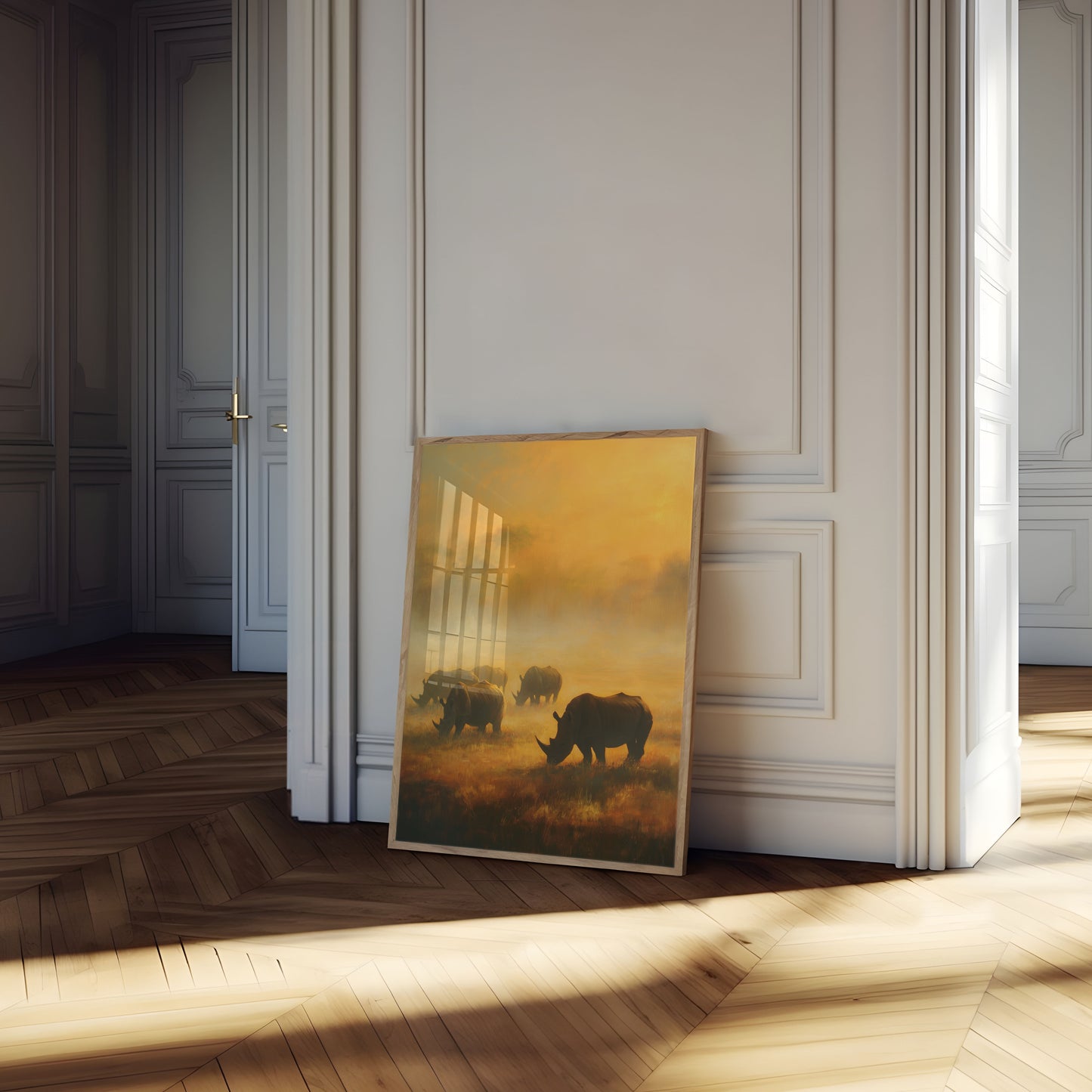 Neushoorns in Gouden Savanne Poster