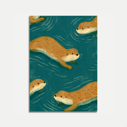 Lontre che nuotano in acqua turchese - Poster