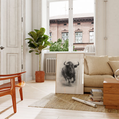 Charging Bull Black and White Poster