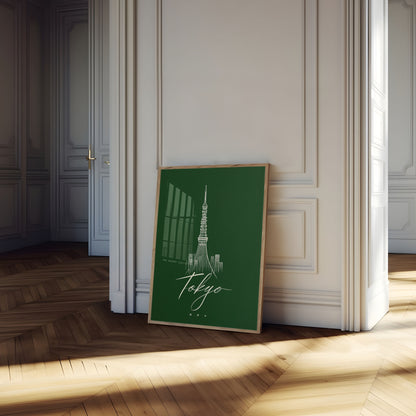Tokyo Skyline Minimalistisch Groen Poster