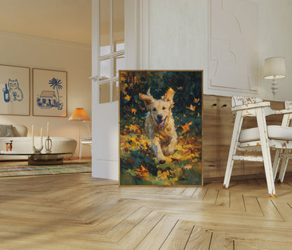Golden Dog Autumn Leaves Poster
