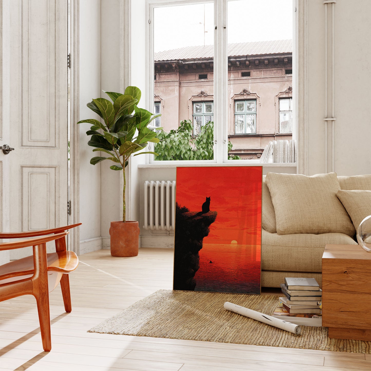 Kat ser på solnedgang plakat