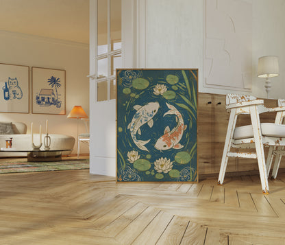 Koi Fish in Lotus Pond Poster