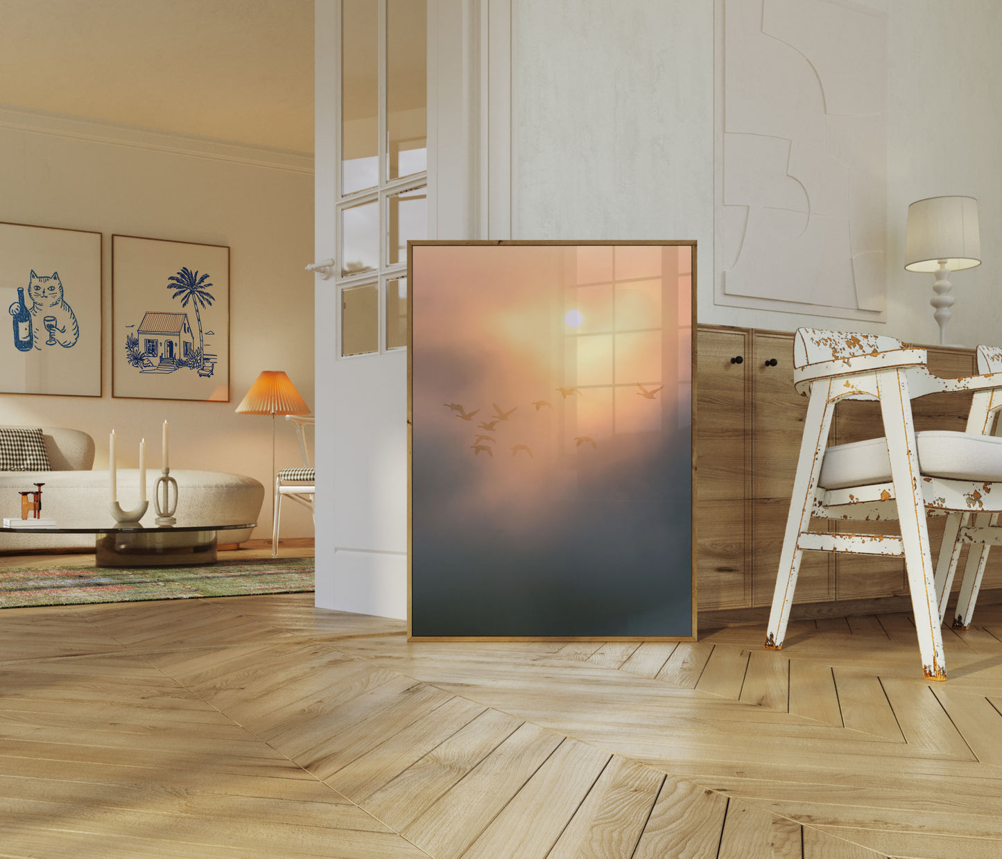 Birds Flying at Sunrise Poster