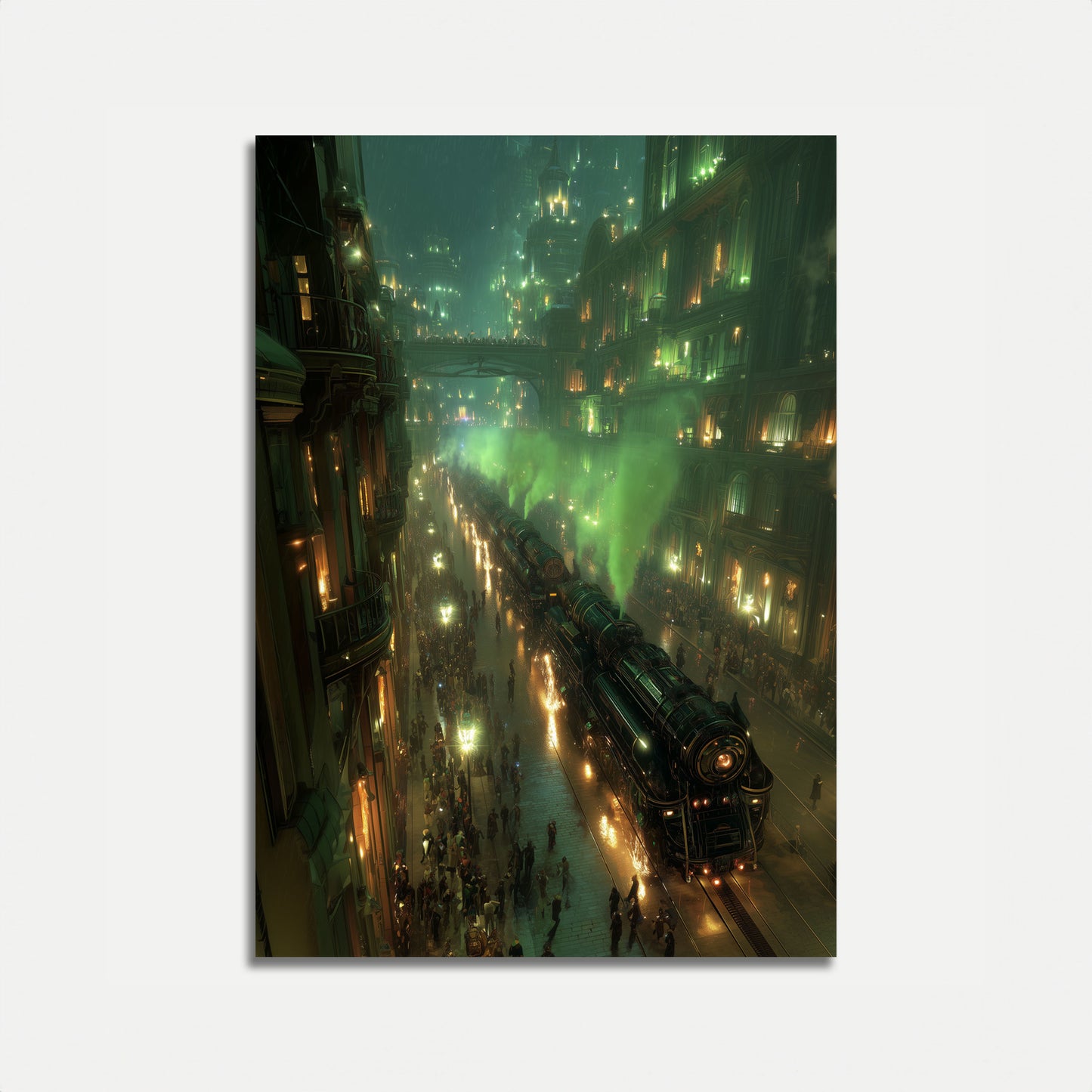 Steampunk Train Through City Poster