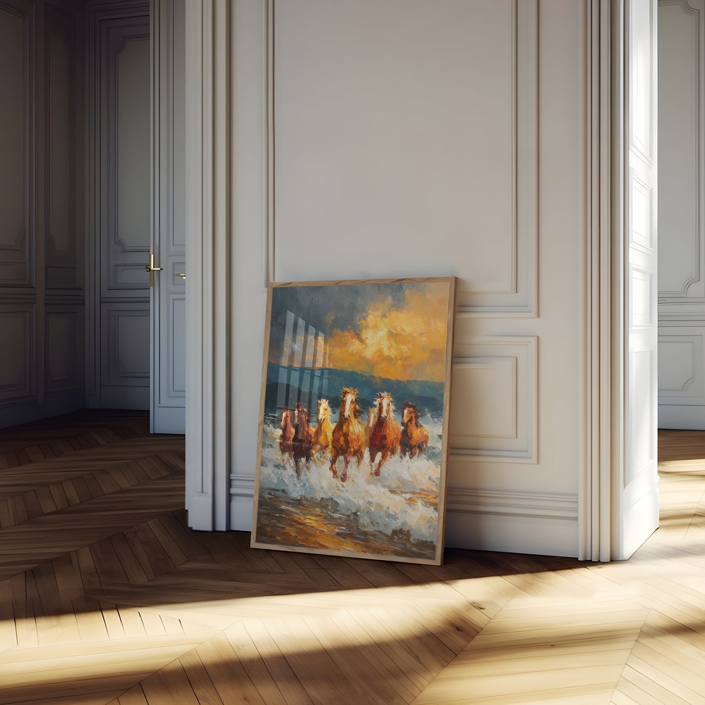 Heste løber gennem bølger plakat