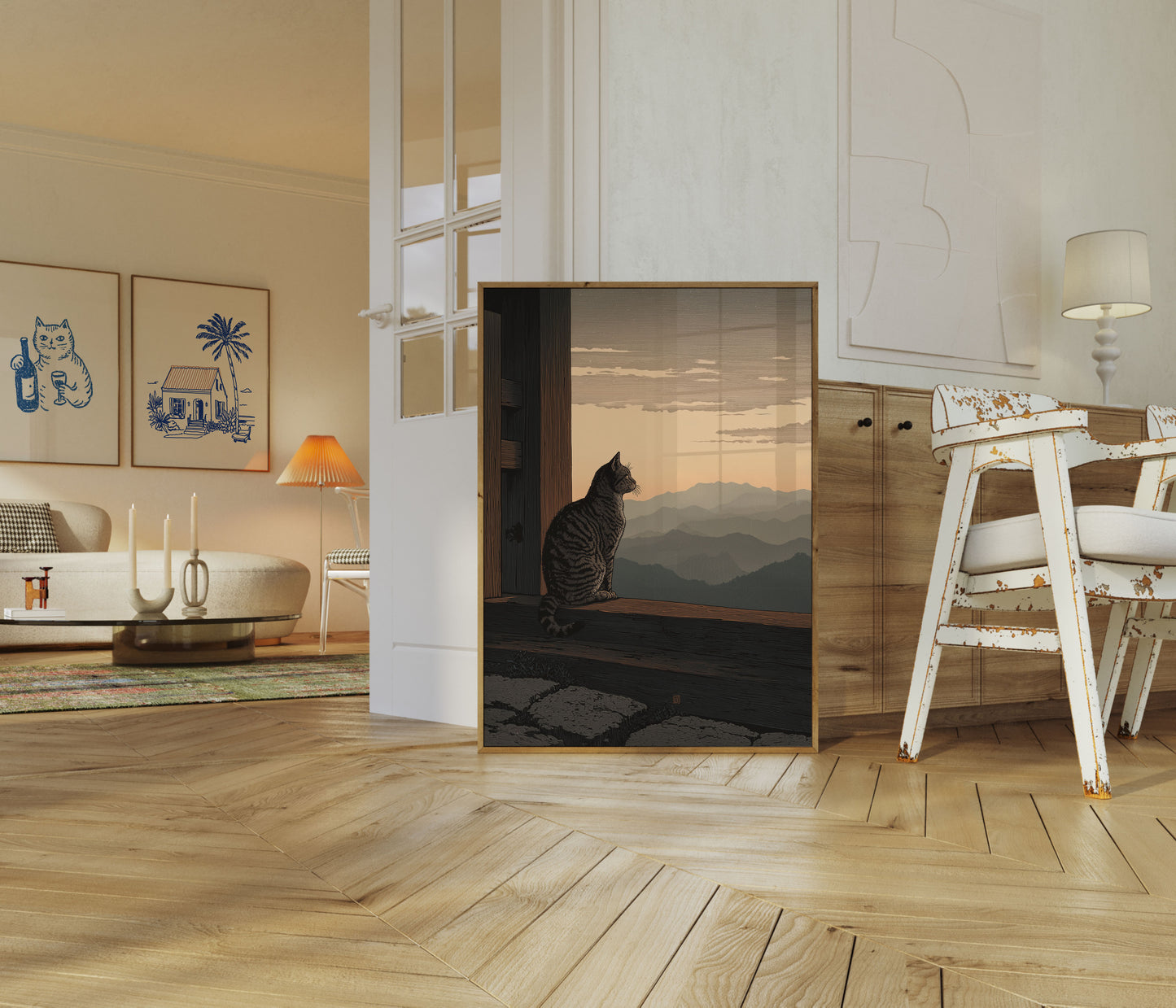 Cat Contemplating Mountain Sunset Poster