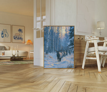 Elk Herd Winter Forest Poster