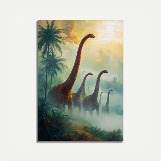 Póster de paisaje brumoso de dinosaurios