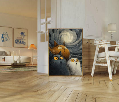 Three Cats Starry Night Poster