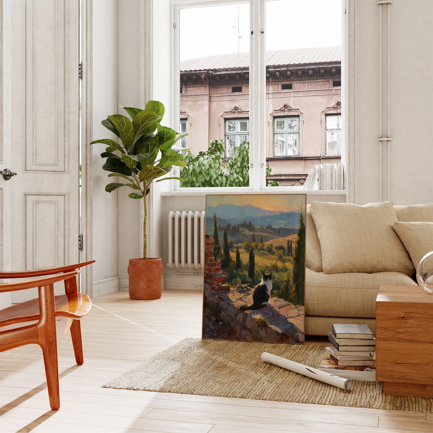 Katze in der toskanischen Landschaft Plakat