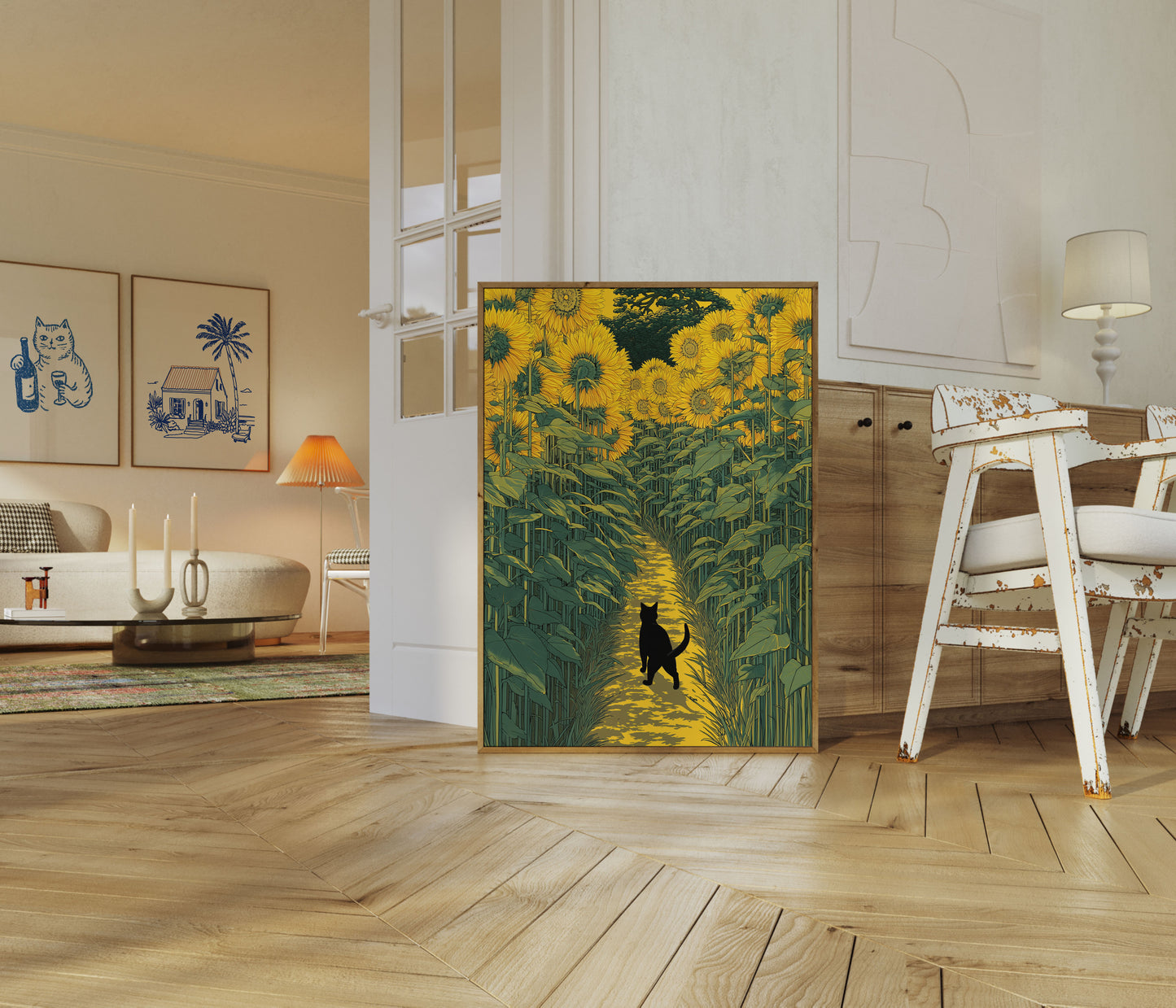 Cat in the Sunflower Field Poster