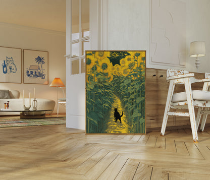 Cat in the Sunflower Field Poster