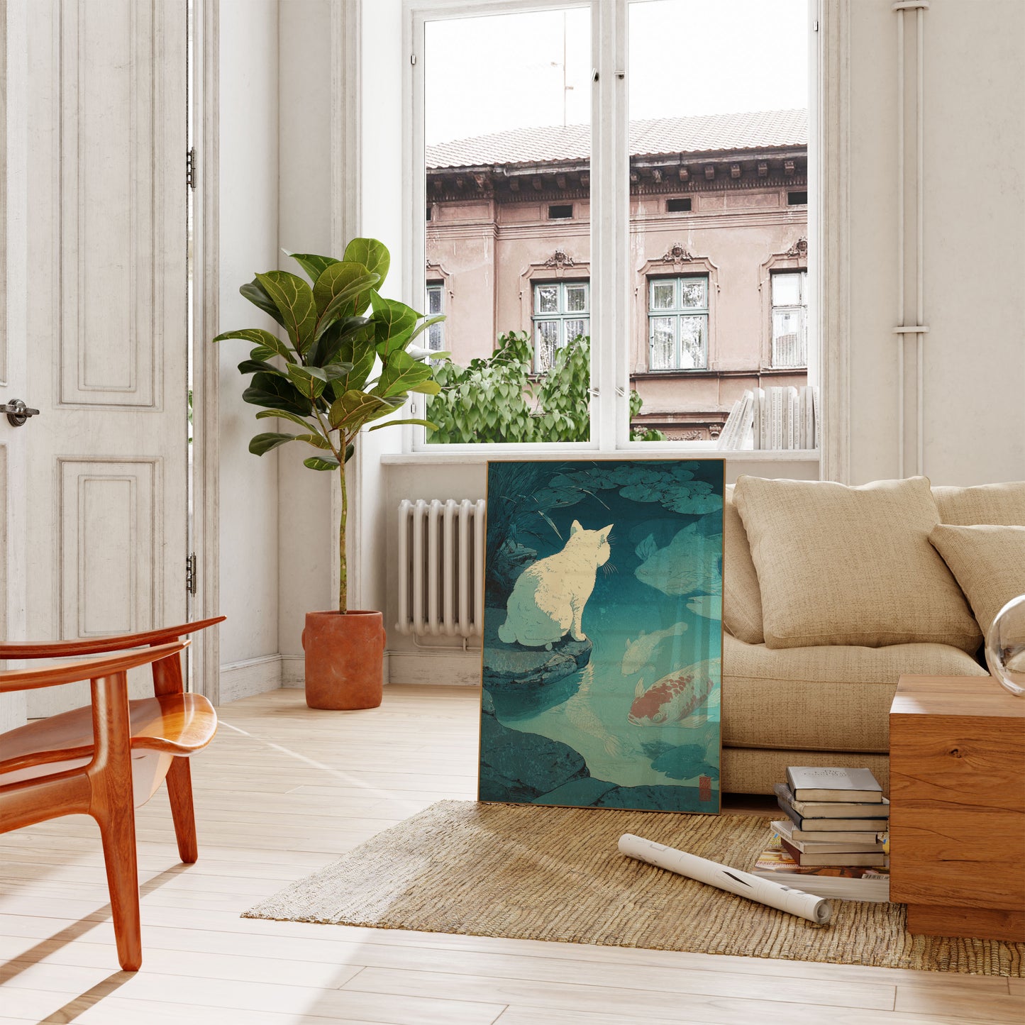 Hvid kat ved dammen plakat