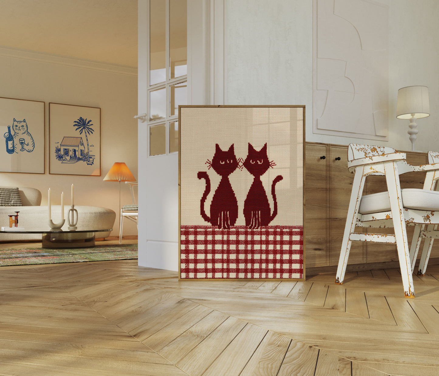 Två katter på rutigt golv affisch