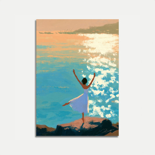 Woman Celebrating by the Ocean Poster