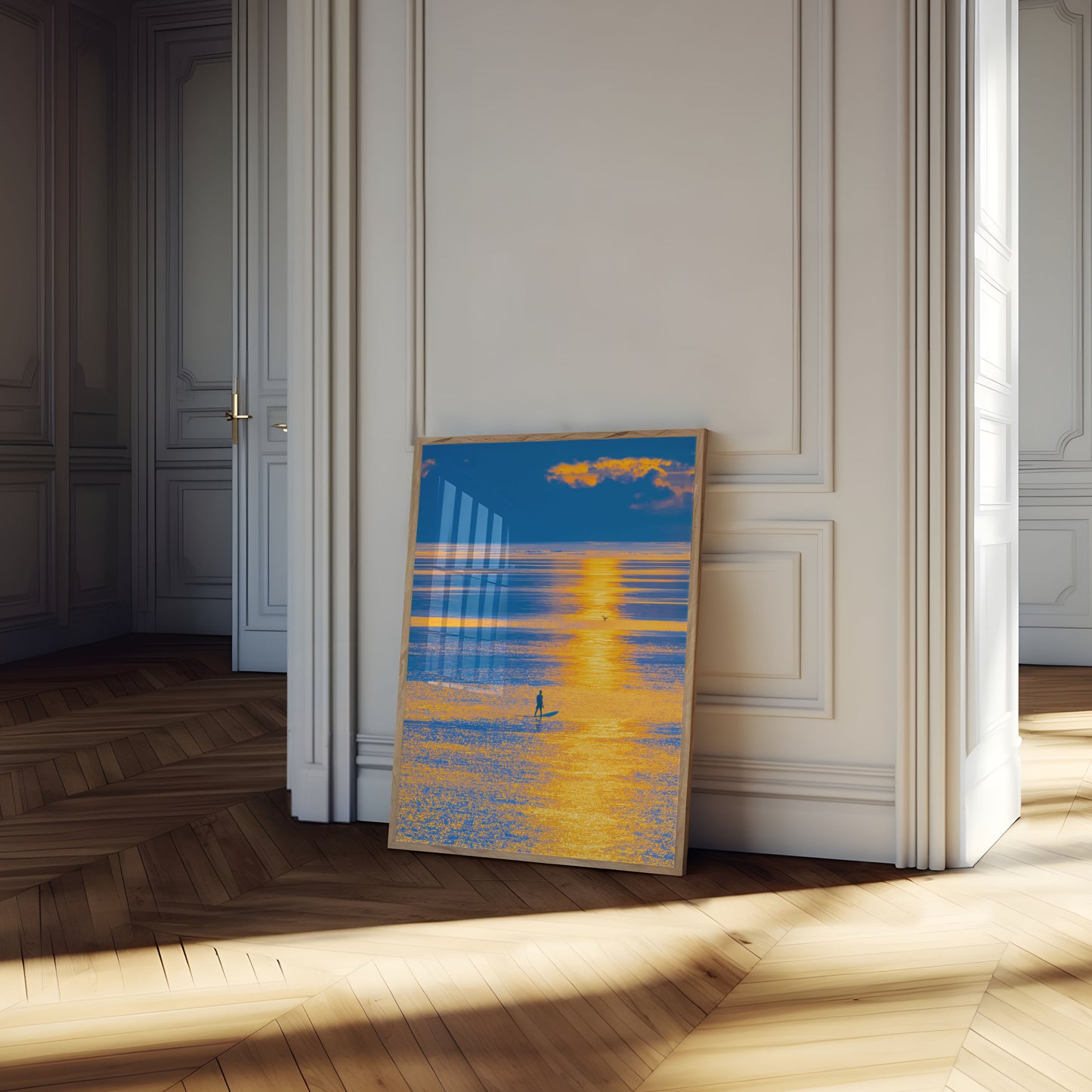 Poster: Surfer bei goldenem Sonnenuntergang