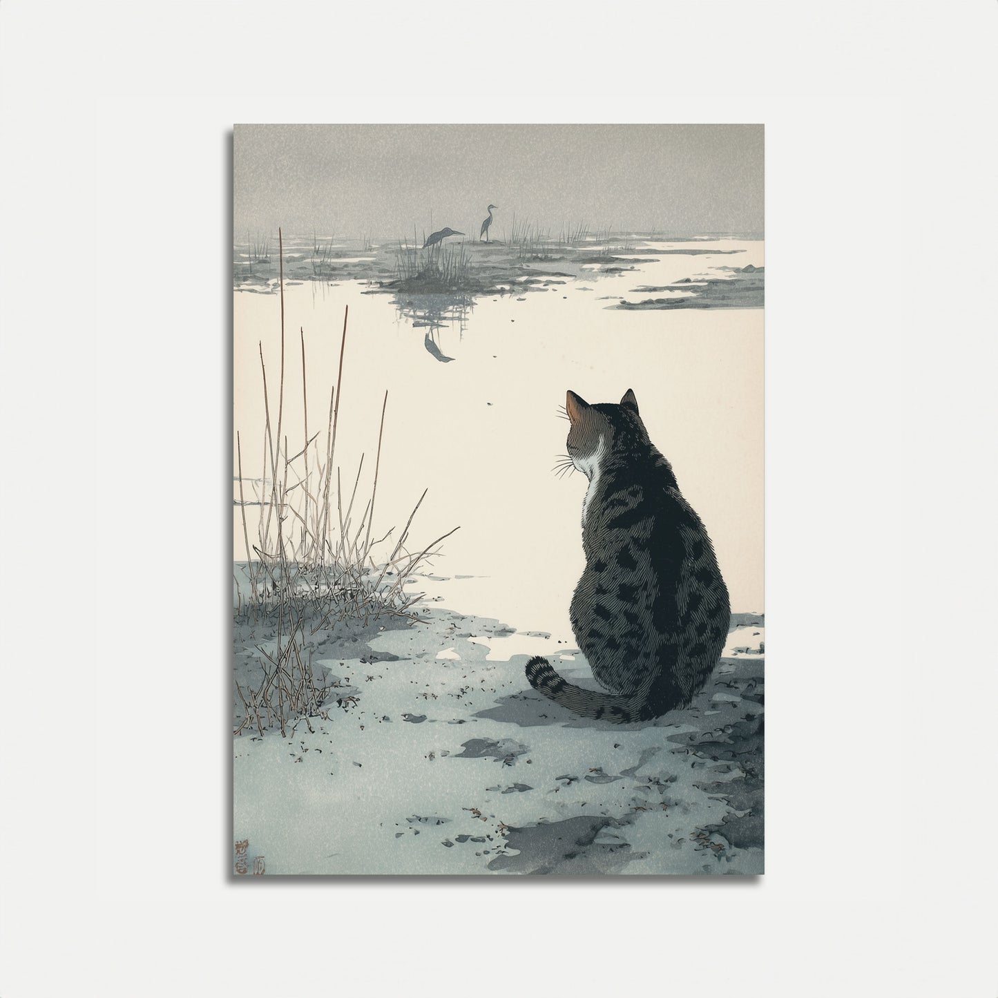 Katt som tittar på härmssor vid våtmark affisch