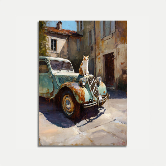 Cat on Vintage Car Poster
