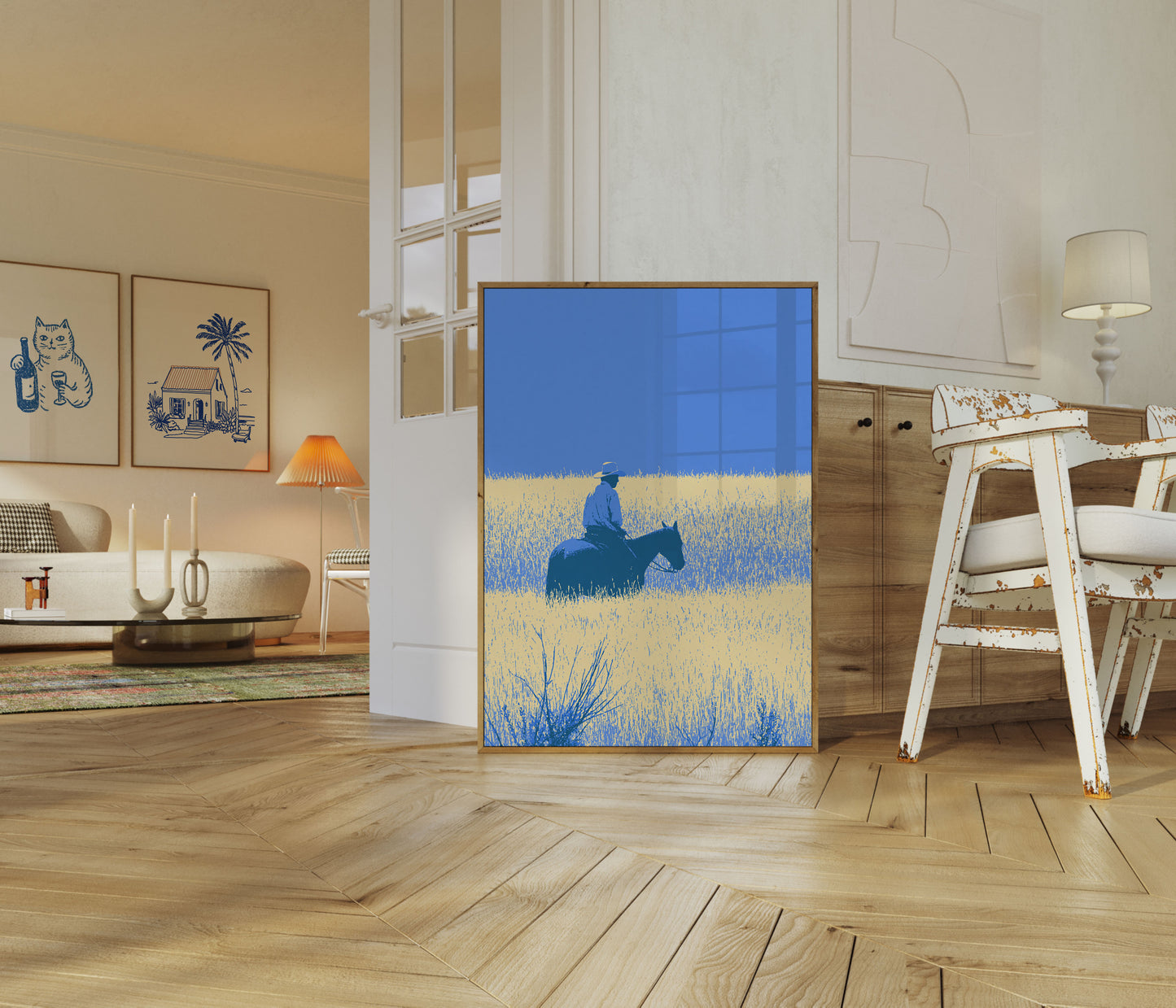 Poster: Cowboy cavalca attraverso un campo di grano
